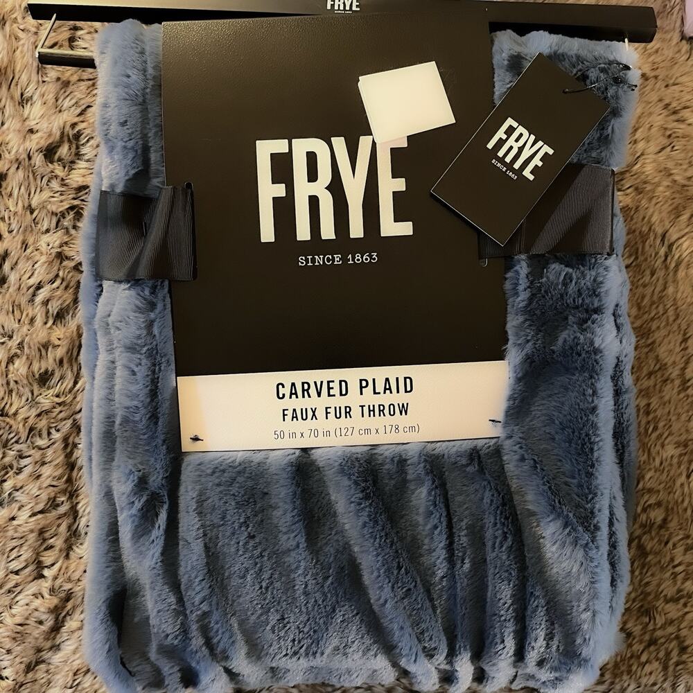 NEW FRYE Carved Plaid Faux Fur Plush Throw Blanket - Blue